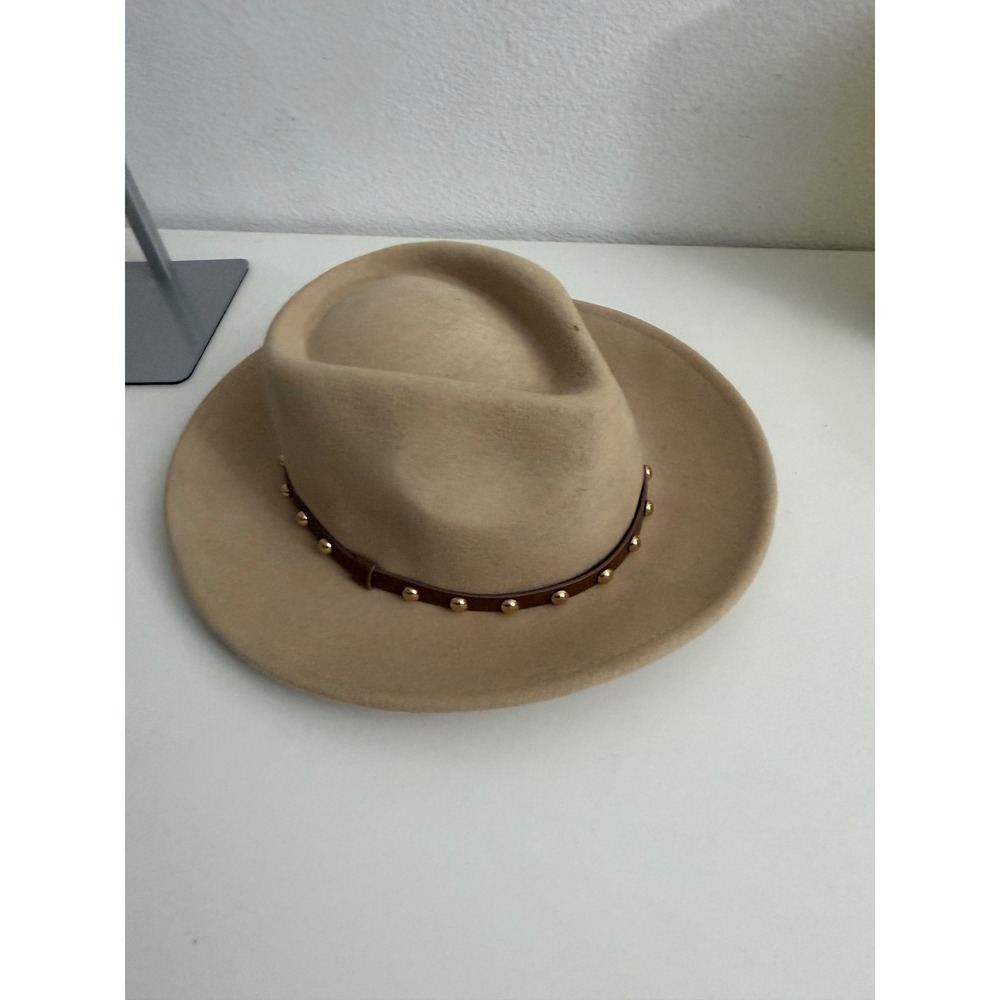 Wool Fedora Hat Tan Beige Gold Studded Band Wide‎ Brim Adjustable Boho Western